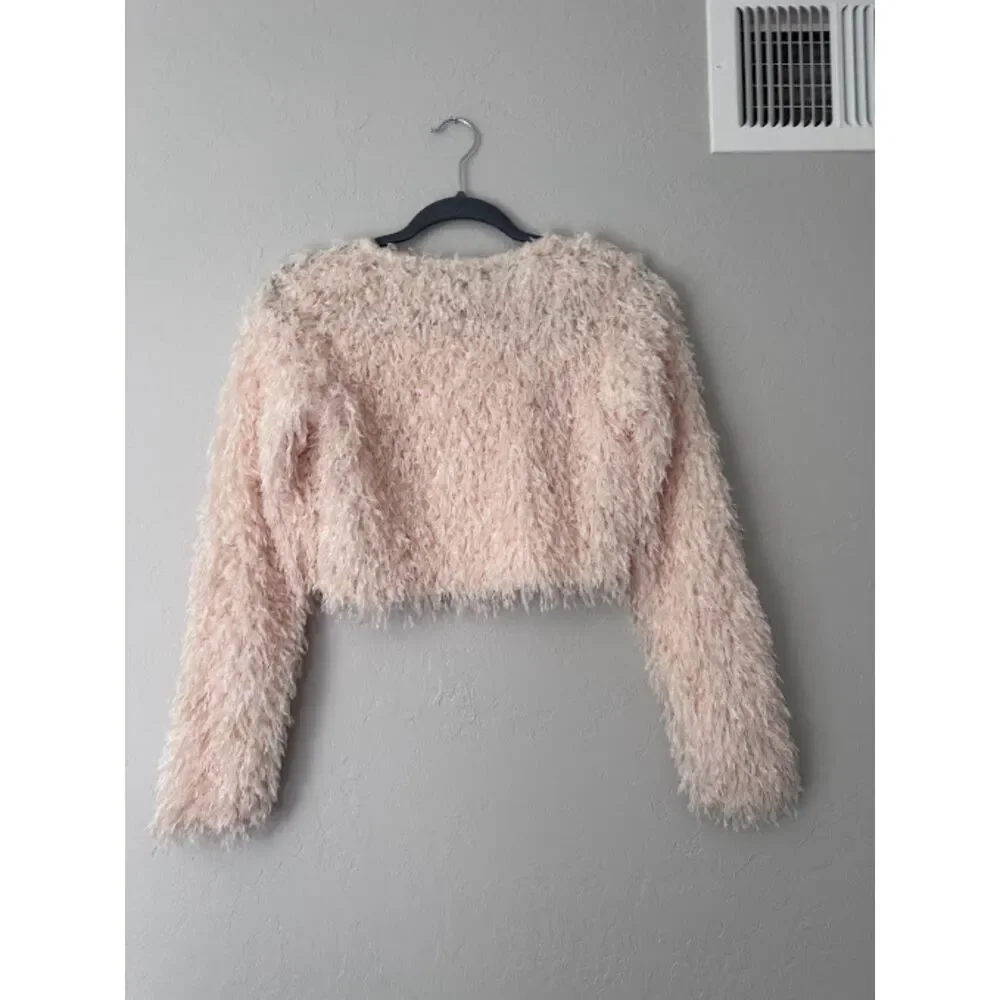 Zara Womens Small Blush Pink Fuzzy Eyelash Knit Cropped Sweater Long Sleeve